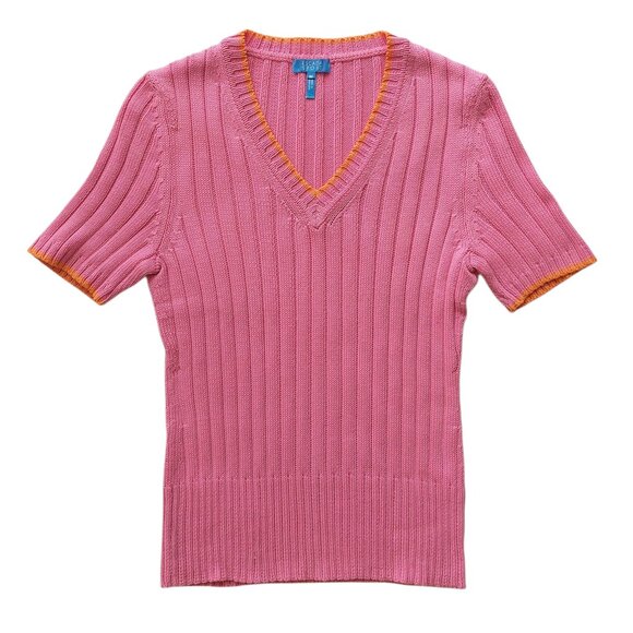 Escada Sport Pink V-neck Short Sleeve Sweater with Orange Trim Women's Size M - Picture 1 of 6